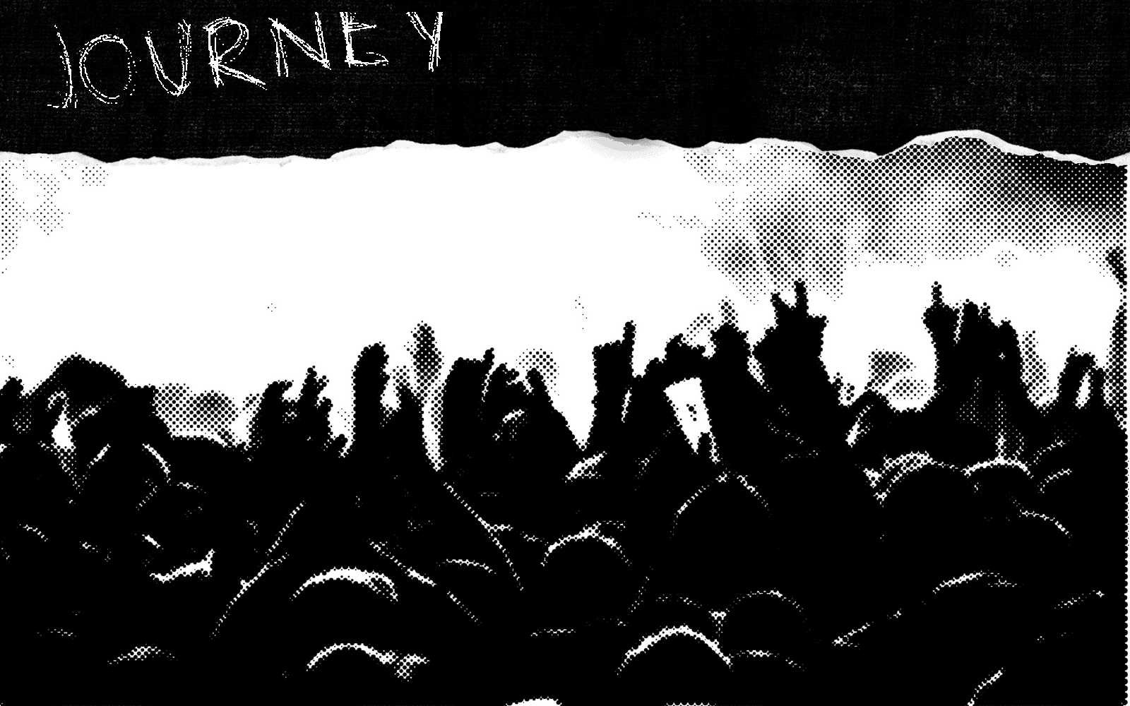 A gig crowd with hands in the air, in high-contrast halftone beneath a torn black band