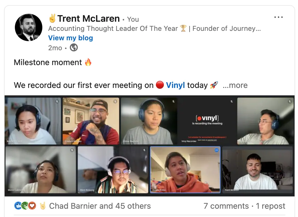 LinkedIn post showing the Vinyl team's first ever meeting recorded on Vinyl, with the recorder visible in the video call