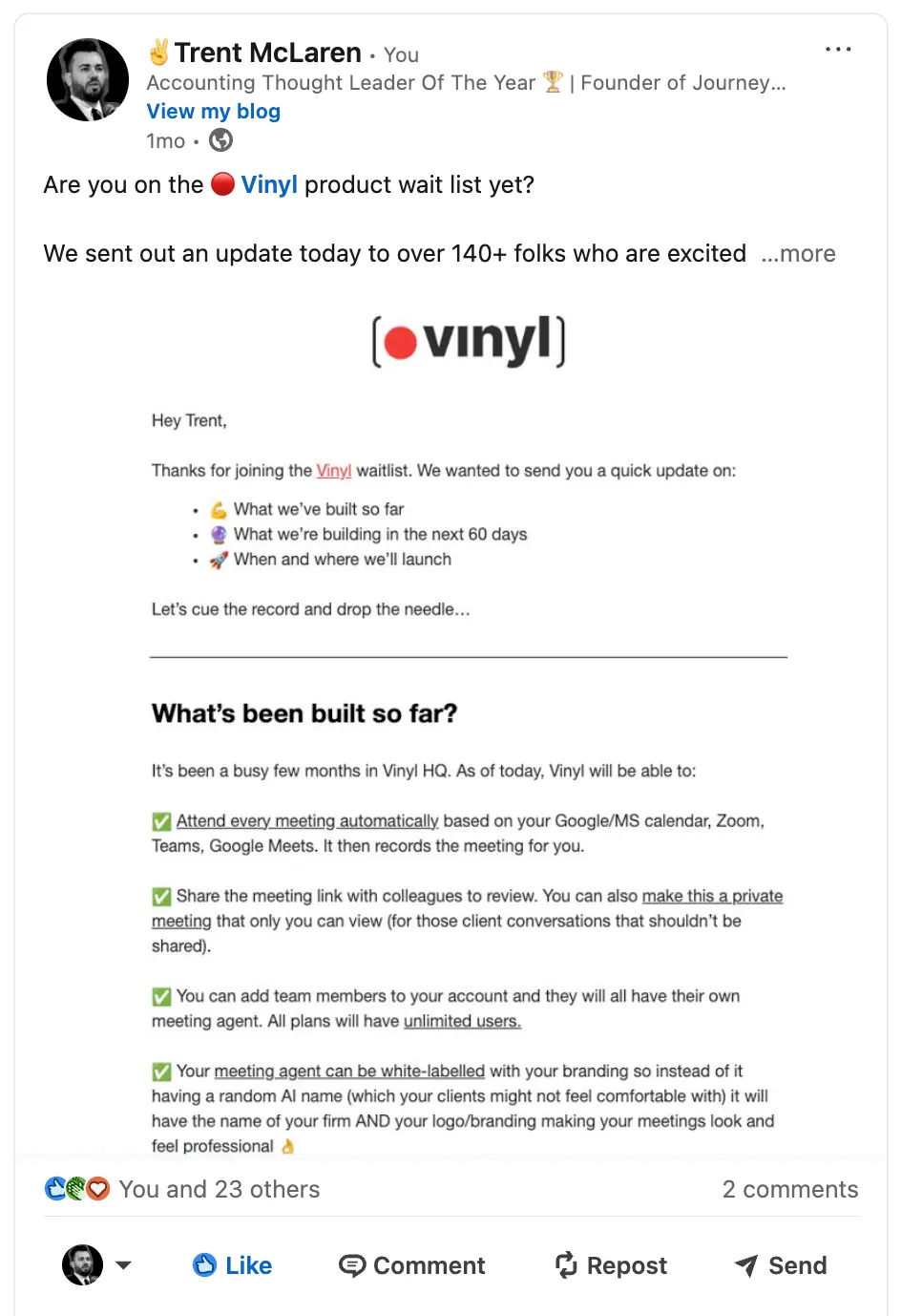 LinkedIn post promoting the Vinyl waitlist, with the update email sent to 140+ subscribers covering what was built and when it would launch