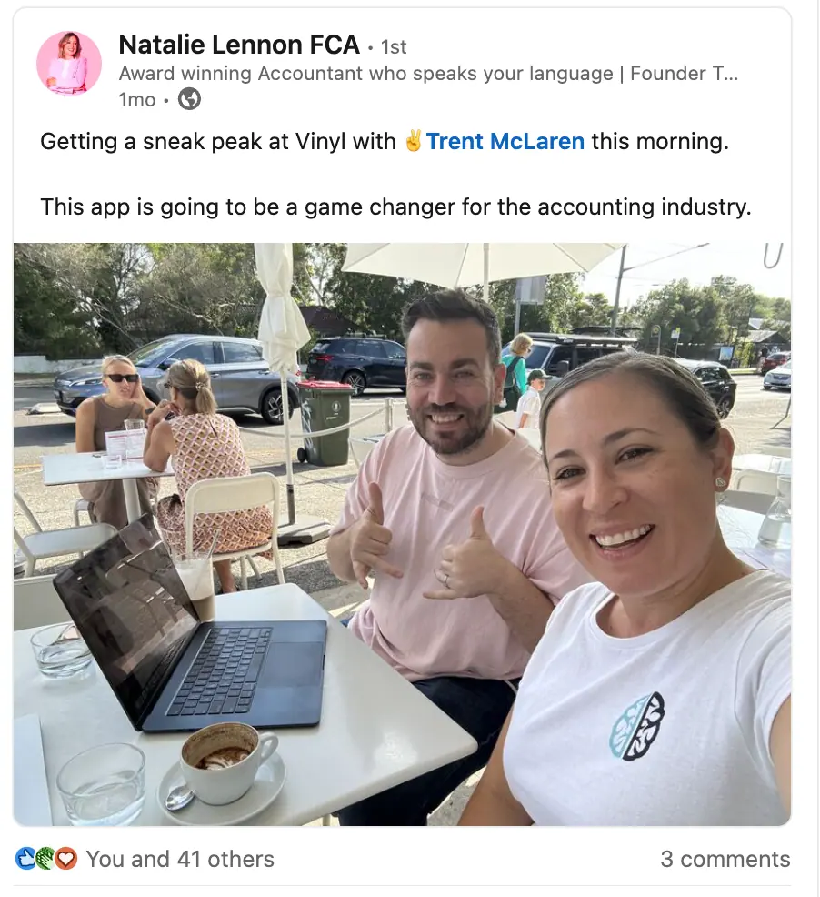 LinkedIn post from accountant Natalie Lennon sharing a sneak peek of Vinyl with Trent McLaren