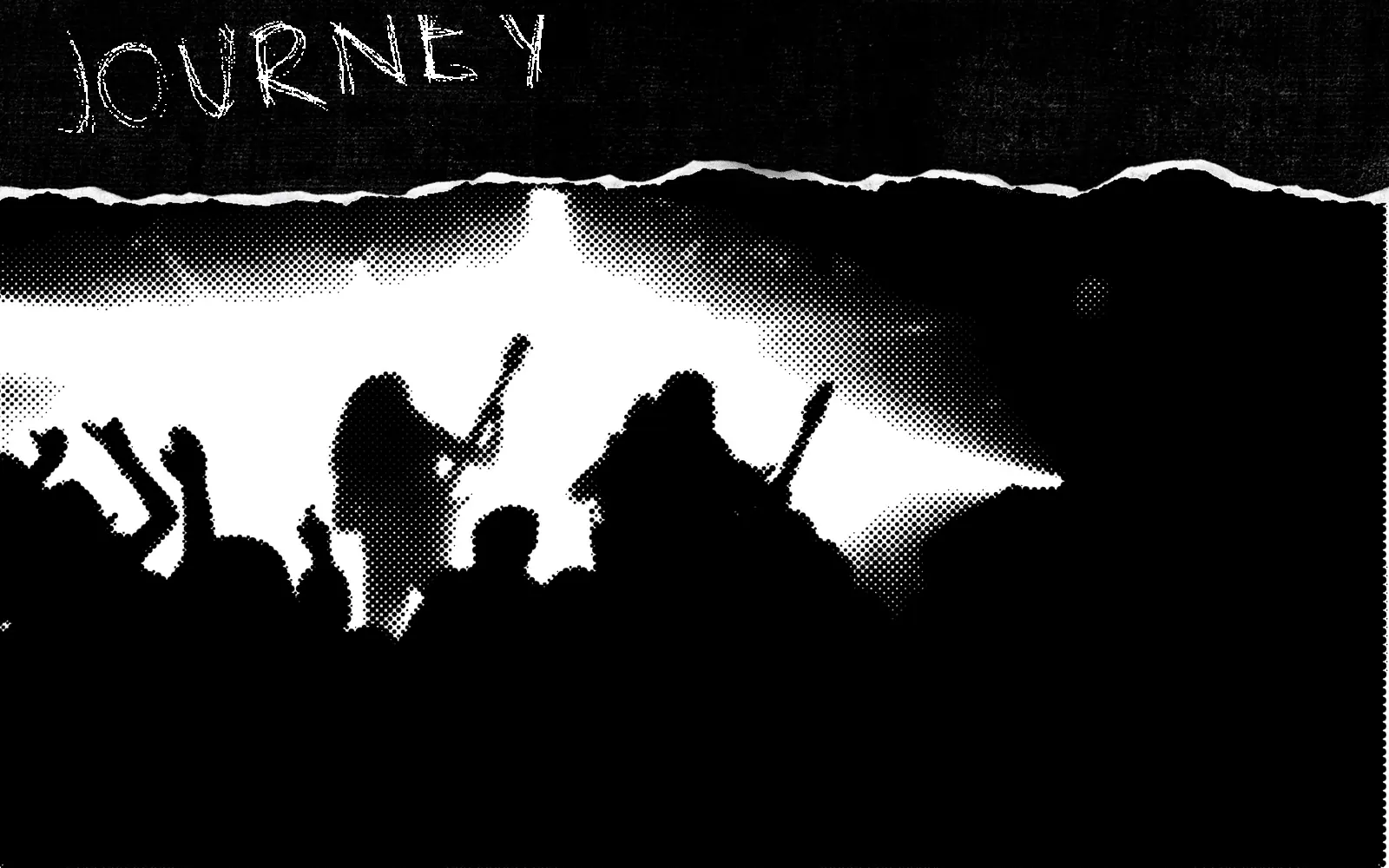 A band in silhouette on a floodlit stage, a crowd's raised hands in the foreground, in high-contrast halftone